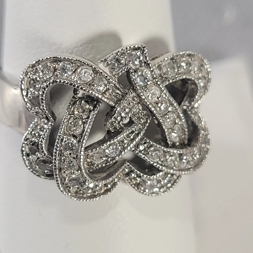 Sterling Silver Knot Heart Ring Womens Size 9.5 Clear Rhinestone Pave 925